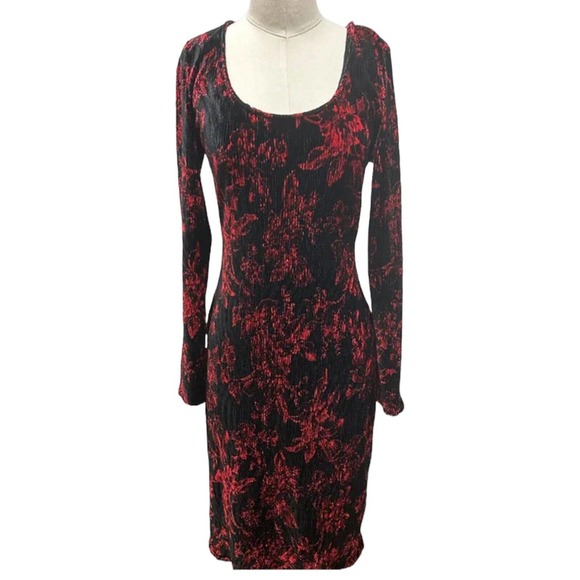 HD in Paris Dresses & Skirts - HD In Paris Black Gauzey Red Floral Print Bodycon Long Sleeve Dress Size Small